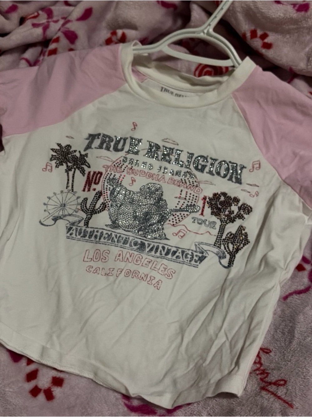 True Religion White and Pink Raglan Rhinestone Graphic Tee